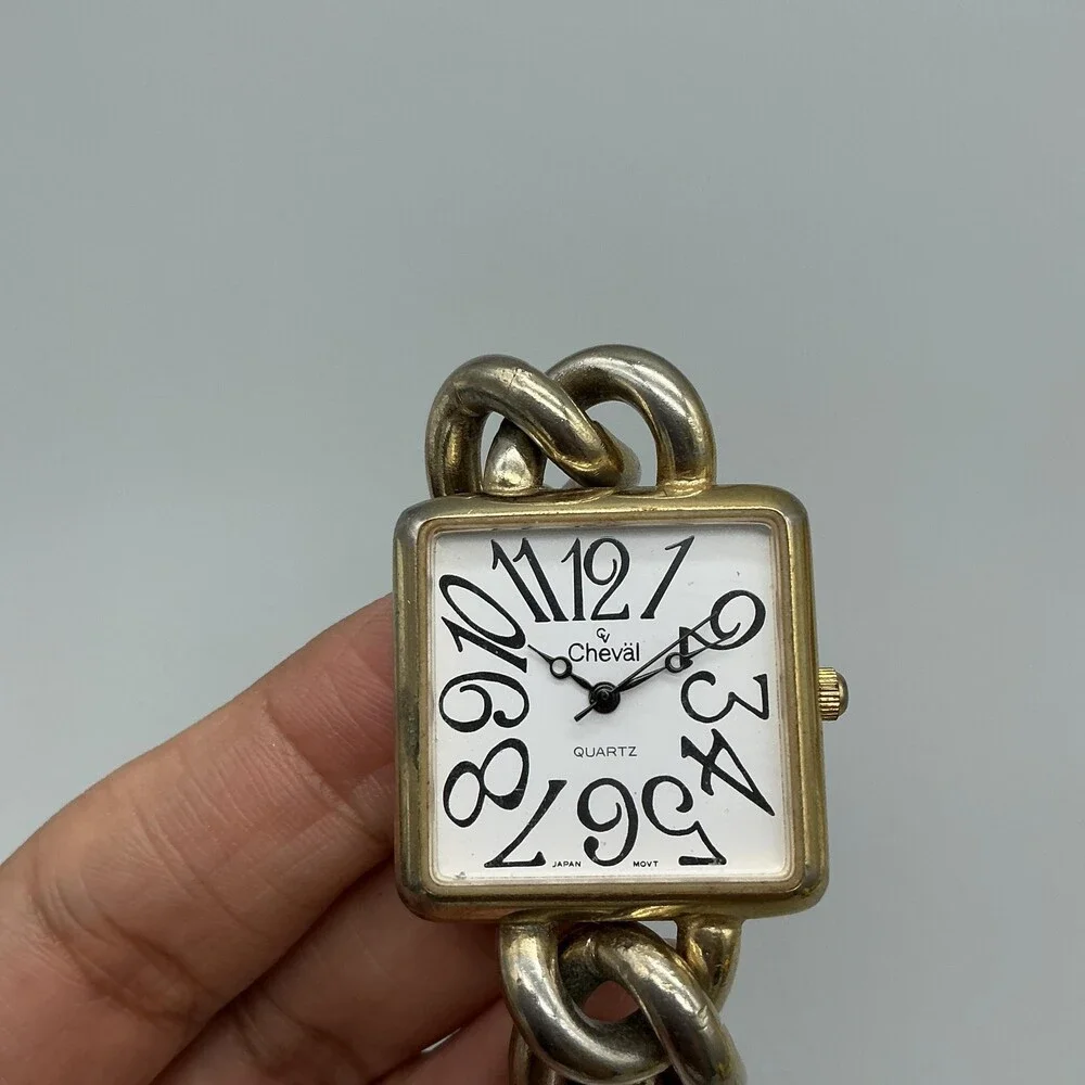 Vintage Cheval Womens Watch 27mm Square Chain Band Hong Kong New Battery 8.25